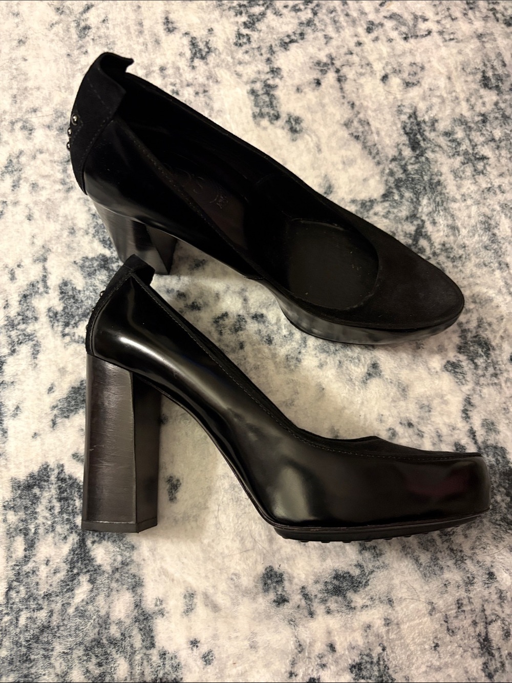 Tod's Black Patent and Suede Block Heel Pumps